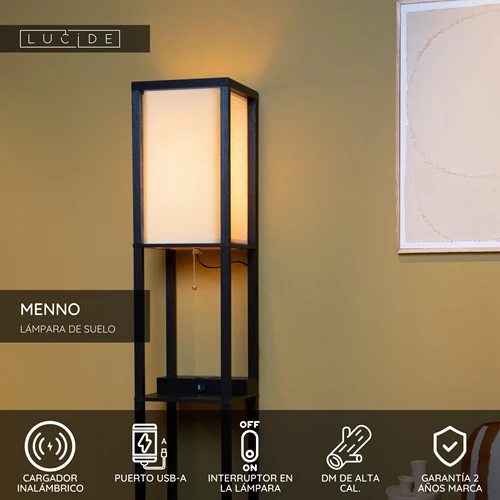 Lucide MENNO - Lámpara de suelo - 1xE27 - Con cargador inalámbrico - Negro - USP